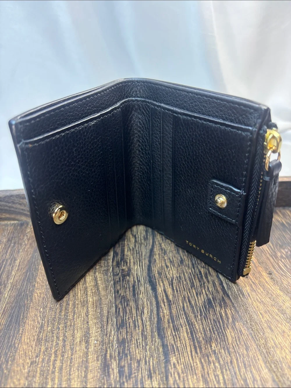 Tory Burch Black Pebbled Leather Zip-Around Wallet with Gold Logo
